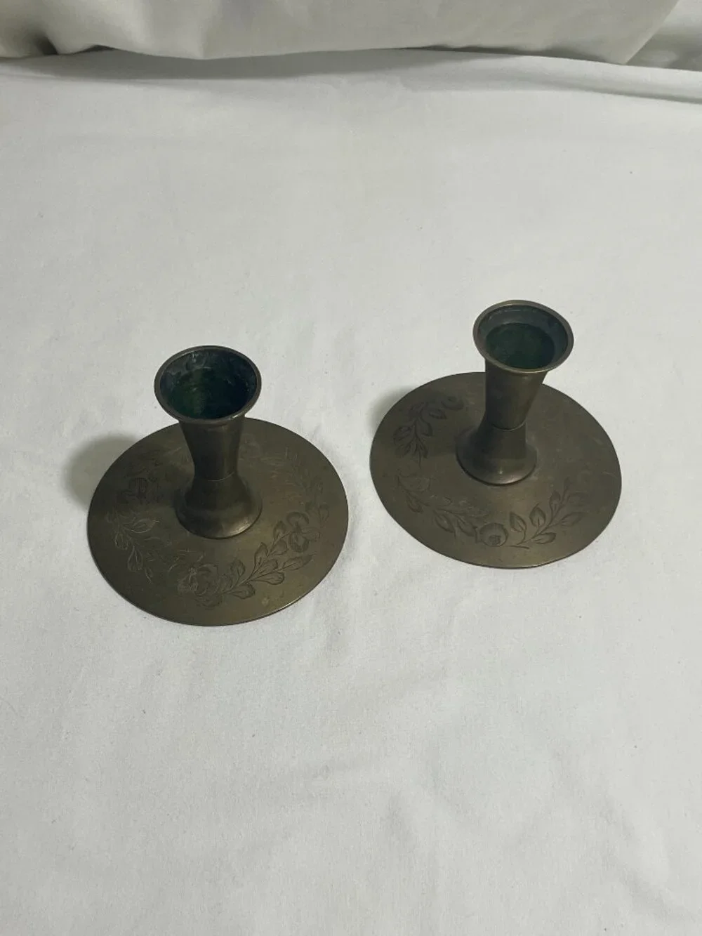 Vintage Pair Etched Solid Brass Candlestick Holders India Floral Taper Candle 3.